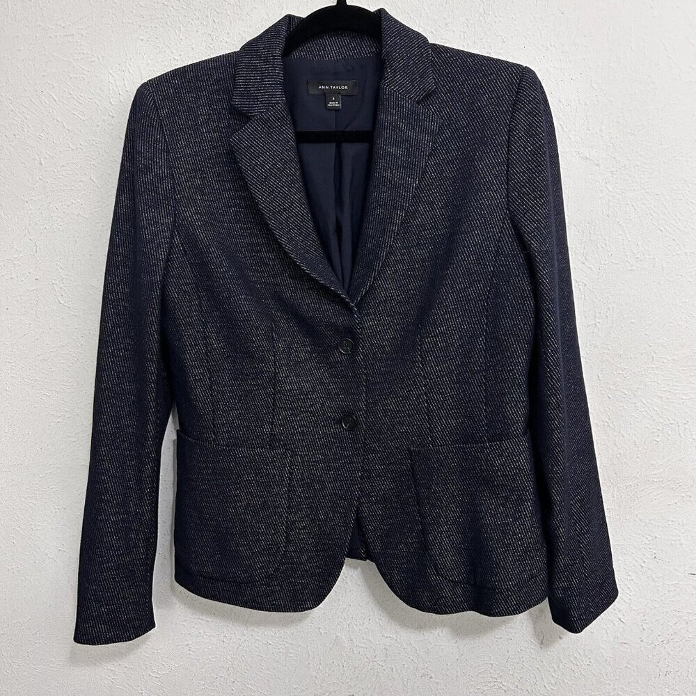 Ann Taylor‎ Dark Blue Twill Blazer Jacket Size 8 Two Buttons Two Pockets Career
